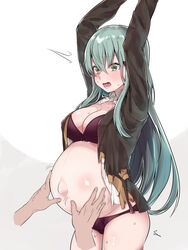 arms_up belly_rub big_breasts blush bra cleavage disembodied_hands embarrassed female female_focus green_hair hand_on_another's_stomach hands_on_belly kantai_collection long_hair mitsudoue open_clothes open_shirt panties pregnant ripped_clothing solo surprised suzuya_(kantai_collection) sweat third-party_edit torn_clothes uniform