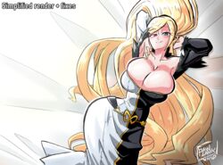 arms_behind_head bed big_breasts blazblue:_cross_tag_battle blonde_hair dress hilda_(under_night_in-birth) huge_breasts suggestive tight_clothing under_night_in-birth vkid