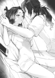 1boy 1girls alternate_costume blush demon_slayer dress female hair_down half-closed_eyes hand_holding holding_hands kimetsu_no_yaiba kochou_shinobu kyarotto_(zenkixd) long_hair_male looking_at_another male monochrome on_back on_bed pinned_down ponytail sweatdrop tomioka_giyuu