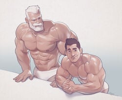 2boys age_difference bara beard black_hair briefs briefs_only daddy dilf height_difference human human_only male_only manly mature mature_male muscle muscles muscular muscular_male shirtless silverjow size_difference tighty_whities twitter_user_oc ulric_(silverjow) underwear veiny_muscles wei_(silverjow) white_beard white_briefs white_hair white_underwear