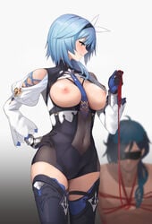 1boy 1girls bdsm blindfold blue_hair blush bondage breasts breasts_out chela77 clothed_female_nude_male dark-skinned_male dark_skin eula_(genshin_impact) femdom genshin_impact hand_on_hip hetero hi_res kaeya_(genshin_impact) large_breasts leash leotard male malesub naughty_face necktie_between_breasts nipples red_rope restrained rope rope_bondage smile submissive_male thick_thighs thighhighs