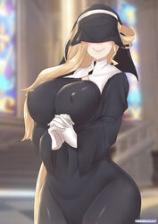 1girls blonde_hair breasts church erect_nipples erect_nipples_under_clothes female genshin_impact hi_res large_breasts looking_at_viewer nun nun's_habit nun_habit nun_outfit praying rosalyne_lohefalter_(genshin_impact) signora_(genshin_impact) smile stukov veil wide_hips