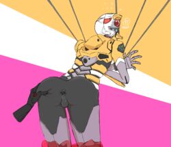 anus armor artist_request ass ass_grab ass_juice ass_up big_ass bodysuit cuffs cyclops eva_00 evangelion_(mecha) from_behind gag humanoid mecha neon_genesis_evangelion rebuild_of_evangelion restrained robot simple_background surprised wide_hips