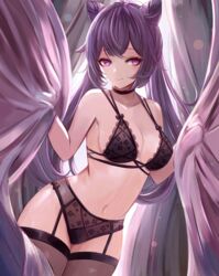 1girls black_bra black_panties breasts cleavage curtains double_bun eastern_style female genshin_impact keqing_(genshin_impact) leonmandala lingerie looking_at_viewer medium_breasts seductive smile thigh_highs twintails underwear