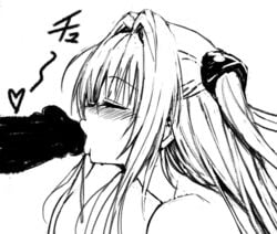 1boy big_penis blonde_hair blush censored censored_penis closed_eyes fellatio female fuchi_(touo) golden_darkness hair_ornament kissing_penis long_hair oral penis to_love-ru to_love-ru_darkness