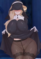 1girls ass_visible_through_thighs black_legwear blonde_hair blush breasts church cute eastern_style embarrassed female fully_clothed genshin_impact hi_res huge_breasts large_breasts looking_at_viewer nun's_habit nun_habit nun_outfit pantyhose rosalyne_lohefalter_(genshin_impact) seductive seductive_smile signora_(genshin_impact) skirt_lift smile stukov suggestive thick_thighs thigh_gap veil wide_hips