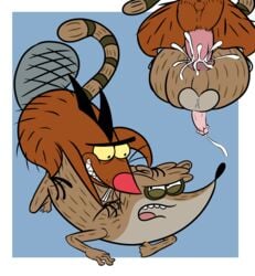 absurd_res anal anal_sex beaver blue_background bob-jiggles bodily_fluids cartoon_network cum cum_in_ass cum_inside daggett_beaver doggy_style duo from_behind_position gay genital_fluids genitals hi_res lying_on_another lying_on_top male male/male mammal nickelodeon penetration penis procyonid raccoon regular_show rigby_(regular_show) rodent sex simple_background the_angry_beavers