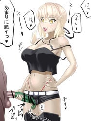 1boy 1boy1girl 1girls alternate_breast_size artoria_pendragon artoria_pendragon_(fate) artoria_pendragon_(swimsuit_rider_alter) artoria_pendragonartoria_pendragon_(alter) belt black_shirt black_shorts black_text black_thigh_highs black_thighhighs blush breasts censored_penis clothed_female clothed_female_nude_male condom crop_top cum cum_in_condom curved_eyebrows curvy dark-skinned_male ejaculation erection eyebrows fate/grand_order fate/stay_night fate_(series) grabbing_penis green_condom hand_on_hip hand_on_penis heart holding_penis imminent_rape imminent_sex japanese_text kurogyaruloose large_breasts licking_lips long_penis masturbating_other mind_break navel necklace nude_male offscreen_male open_mouth panties penis penis_awe pink_lips pink_lipstick pink_nails red_panties semen shirt shocked short_shorts shorts sound_effects standing surprised sweat sweatdrop testicles text_bubble thighhighs tied_hair tongue_out veiny_penis white_background white_belt white_hair yellow_eyes