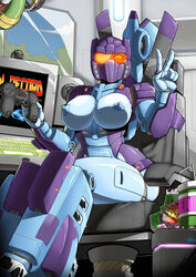 1girls alien alien_girl alternate_version_available big_breasts blue_nipples breasts busty cybertronian erect_nipples fan_character female female_focus female_only looking_at_viewer machine mad-project mask nipples original_character peace_sign robot robot_girl robot_humanoid solo solo_female thick_thighs topless transformers visor whirlwind_(transformers)