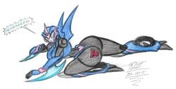 1girls 2021 2d 2d_(artwork) arcee arcee_(prime) ass autobot_insignia big_ass big_breasts big_butt blue_eyes butt color drawn female female_only huge_ass looking_at_viewer proto_(artist) robot robot_girl robot_humanoid solo spanish_text speech_bubble text thick_ass thick_thighs traditional_media_(artwork) transformers transformers_prime