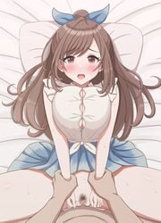 1boy arm_grab bangs bar_censor bed_sheet blue_skirt blush breasts brown_eyes brown_hair censored clothed_sex clothes_lift eyebrows_visible_through_hair female frilled_shirt frills from_above front-tie_top furrowed_brow highres idolmaster idolmaster_shiny_colors large_breasts long_hair looking_at_viewer lying on_back open_mouth penis pillow pleated_skirt pov pubic_hair sex shirt skirt skirt_lift sleeveless sleeveless_shirt straight sweat swept_bangs tsukioka_kogane vaginal_penetration wagokinesis