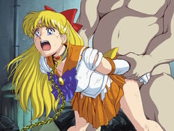 1boy 1girls arms_held_back begging begging_for_mercy bending_over bent_over big_dom_small_sub bishoujo_senshi_sailor_moon blonde_hair blue_eyes bodysuit bow captured chain_leash chains choker clothed_sex clothing collar crying crying_with_eyes_open defeated doggy_style earrings fat_man forced gloves grabbing hair_ornament hair_ribbon helpless kidnapped leash long_gloves long_hair minako_aino moaning orange_clothing partial_male rape red_ribbon sailor_senshi_uniform sailor_uniform sailor_venus screaming size_difference skirt small_breasts tare-katsu tiara torn_clothes torn_clothing wrist_grab