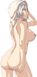 arm_at_side ass blue_eyes breasts commentary completely_nude cowboy_shot drying drying_hair female from_side highres holding holding_towel large_breasts looking_away nude original profile rororo school_swimsuit short_hair simple_background solo standing swimsuit towel wet wet_hair white_background white_hair