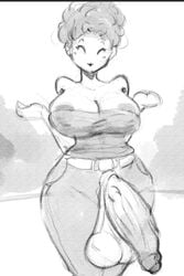 1futa areola_slip balls big_breasts breasts centipedemc cleavage clothed clothing curly_hair dickgirl dragon_ball erection futa_only futanari huge_balls huge_cock human jeans large_balls large_breasts large_penis mostly_clothed panchy panchy_(dragon_ball) panchy_briefs penis shirt solo standing thick_thighs unbuttoned_pants wide_hips