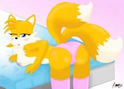 blush cameltoe furry genderswap_(mtf) pgm-m pink_panties rule_63 sonic_(series) tails tailsko thighhighs wink yellow_fur