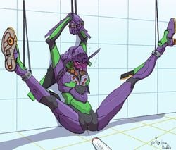 armor ass_juice entry_plug eva_01 evangelion_(mecha) horn mecha neon_genesis_evangelion no_genitals non-human restrained robot rope simple_background spread_legs