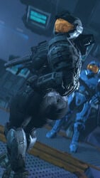 1boy 1girls armor big_ass big_breasts creepychimera dat_ass halo_(series) helmet spartan_(halo) tagme weapon