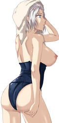 arm_at_side ass blue_eyes blue_swimsuit breasts clothes_pull commentary cowboy_shot drying drying_hair female from_side highres holding holding_towel large_breasts looking_away nipples original profile rororo school_swimsuit short_hair simple_background solo standing strap_slip swimsuit swimsuit_pull towel wet wet_clothes wet_hair wet_swimsuit white_background white_hair