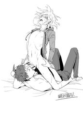 2boys arched_back clothed danganronpa danganronpa_2:_goodbye_despair gay hinata_hajime kilala013 licking licking_penis looking_down looking_pleasured male male/male male_only monochrome nagito_komaeda open_mouth straight_hair yaoi