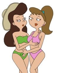 artist_request bikini breast_grab brown_hair character_request green_bikini hey_arnold! medium_breasts nickelodeon pink_bikini tagme white_background yuri