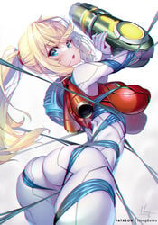 1girls artist_name artist_signature big_ass big_breasts big_butt blonde_hair blue_eyes blush curvaceous curvy curvy_female curvy_figure dat_ass female female_focus female_only hong_(white_spider) looking_back metroid metroid_dread open_mouth ponytail power_suit samus_aran solo_female tagme