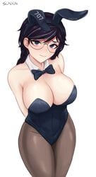 1girls big_breasts black_eyes black_hair blush bowtie braid breasts bunny_ears bunnysuit cleavage dokkaebi_(rainbow_six) embarrassed female female_focus female_only from_above glasses hands_behind_back korean large_breasts leggings looking_at_viewer rainbow_six rainbow_six_siege shy signature slackin solo standing thick_thighs white_background xaviergalaxy