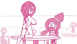 2018 2girls anthro anthrofied ass being_watched blush blushing_profusely breasts cash_register duo duo_focus empty_eyes exhibitionism exhibitionist female female_focus female_only flora_fauna hand_on_ass holding_drink inside june_(screwroot) leg_on_table looking_down multiple_girls naked nipples nude nude_female nudity plant plant_girl plant_humanoid plantie public public_exposure public_nudity pussy screwroot smile spitting_drink surprised underwear_around_one_leg white_background willow_(screwroot)