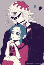 1boy 1girls alternate_costume angry bite_mark bite_marks blush butterfly_hair_ornament collar demon_slayer douma female femdom height_difference kimetsu_no_yaiba kochou_shinobu larger_male leash male malesub muzzle_(object) restricted_palette serafuku smaller_female smile spiky_hair submissive_male thick_eyebrows