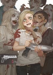 6girls biohazard black_pupils blood_in_mouth blood_on_hand blood_stain brown_hair brunnette capcom clothed eileen_zimmerson firearm grace_ashcroft grace_ashcroft_(julia_pratt) green_eyes groping gun holding_gun licking licking_face light-skinned_female light_hair light_skin maid maid_uniform multiple_girls nurse nurse_uniform pale-skinned_female pale_skin pants red_sclera reloading requiem_(gun) resident_evil resident_evil_9:_requiem scared scared_expression scared_female selena_corey sexual_harassment shirt singer surrounded surrounded_by_women tongue_out twitter undead undead_female weapon white_background white_dress white_hair white_iris xia xia_finger xiafinger zombie zombie_girl