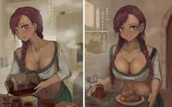 1girls aqua_eyes braid breasts cleavage closed_mouth collarbone commentary cooking crop_top earrings female food highres indoors isher_(liangzi_tai_hongcha) jar jewelry kitchen knife large_breasts liangzi_tai_hongcha long_hair looking_at_viewer map multiple_views navel navel_piercing original parted_lips piercing plate pouring red_hair shirt single_braid smile steak steam stud_earrings sweat tray twin_braids upper_body white_shirt