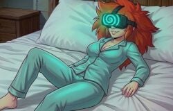 1girls ai_generated bed bedroom clothing female female_focus female_only happy_trance headset hypnotic_accessory hypnotic_screen hypnotic_visor lying lying_back lying_down lying_on_back lying_on_bed nomad_of_nowhere pajama_bottoms pajama_pants pajama_shirt pajamas pajamas_only pjs red_hair rooster_teeth skout smile solo solo_female solo_focus spiral spiral_screen tech_control tinted_eyewear visor vr_goggles vr_headset zupern0va_(manipper)