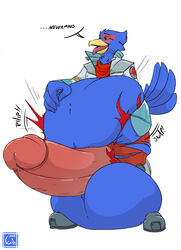 after_vore anthro avian balls balls_expansion bandana belly belly_expansion belly_grab big_balls big_belly big_penis blue_balls blue_body blue_feathers blush clothing dialogue english_text erigawn expansion falco_lombardi feathers genital_expansion genitals hand_on_stomach hi_res huge_balls huge_cock humanoid_genitalia humanoid_penis hyper hyper_balls hyper_belly hyper_genitalia hyper_penis kerchief male male_only nintendo onomatopoeia penis penis_expansion pink_penis red_bandanna red_kerchief solo sound_effects star_fox text torn_clothing video_games vore weight_gain