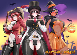 3futas balls big_balls big_balls_small_penis big_breasts black_hair breasts brown_hair bulge busty clothed clothing costume curvy curvy_figure dark-skinned_futanari dark_skin flaccid fully_clothed futa_only futanari green_eyes halloween human inarimochi light-skinned_futanari light_skin looking_at_viewer mostly_clothed nipples_visible_through_clothing pale_skin panties red_hair short_hair skirt small_penis standing thick thong witch witch_costume witch_hat