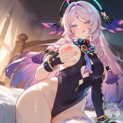 ai_generated areolae blue_eyes blush breasts citlali_(genshin_impact) clothes_pull exposed_breasts facial_mark female fingerless_gloves floating_headgear forehead_mark genshin_impact gfeixiaoai gloves grabbing_own_breast hair_ornament headgear_leotard hoyoverse licking_lips medium_breasts mihoyo multicolored_hair navel pink_hair pink_pupils sarong seductive_look sideboob sitting solo wide_hips