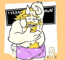 asgore_dreemurr bara beard belly blonde_hair boss_monster bovid bulge caprine clothed clothing cute facial_hair fur goat hair hi_res male male_only mammal moustache nipples open_mouth pubes slightly_chubby solo topless torquewintress undertale undertale_(series) underwear video_games white_body white_fur yawn