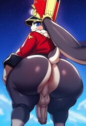 ai_generated anthro anus ass backsack balls big_butt blue_eyes bottomless butt_focus clothed clothing foreskin genitals girly hat headgear headwear honkai:_star_rail huge_butt humanoid_genitalia humanoid_penis lagomorph leporid looking_at_viewer looking_back male mammal penis perineum phantomlamb pom-pom_(honkai:_star_rail) presenting presenting_anus presenting_hindquarters rabbit rear_view sky smile solo teapot_(body_type) thick_thighs