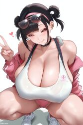 1girls big_breasts breasts breasts_bigger_than_head camera choker dark_hair earrings eyewear_on_head female female_only goddess_of_victory:_nikke jacket licking_lips looking_at_viewer mocase mole mole_on_thigh mostly_nude nipples_bulge peace_sign pink_clothing pink_eyes shoes sneakers sora_(nikke) sora_(spring_flight)_(nikke) squatting sunglasses sweat sweatdrop sweating sweaty_body sweaty_breasts tagme tongue
