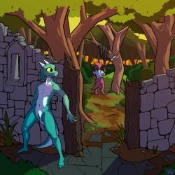 anthro armor av-15 bottomwear clothing female forest forest_background genitals guard hi_res hidden hiding hiding_behind_object horn kobold loincloth melee_weapon nature nature_background outdoor_nudity outside plant polearm ruins scalie solo spear stealth tree vulva weapon