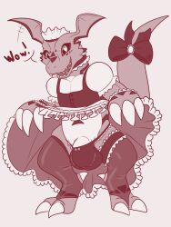 anthro balls_outline bandai_namco bottomwear bulge claws clothed clothing clothing_lift detailed_bulge digimon digimon_(species) genital_outline genitals guilmon hi_res maid_uniform male monochrome open_mouth panty_bulge penis penis_base red_monochrome roguemorpho skirt skirt_lift solo teeth text tight_clothing uniform