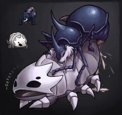 anonymous_artist arthropod bell_beast blue_body bodily_fluids cum cum_drip cum_inside dripping duo ejaculation empty_eyes excessive_cum excessive_genital_fluids eyes_closed female genital_fluids genitals hi_res hollow_knight hollow_knight:_silksong hollow_knight_(franchise) insect leaking_cum looking_pleasured male male/female mask nude open_mouth penetration penile penile_penetration penis shell team_cherry the_last_stag_(hollow_knight) tongue tongue_out vaginal vaginal_penetration white_body