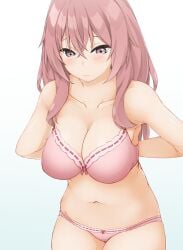 1girls arms_behind_back bare_arms bare_shoulders blush bow bow_bra bow_panties bra breasts brown_eyes cleavage closed_mouth collarbone commentary_request hair_between_eyes hinata_masaki inui_shinju large_breasts long_hair navel panties pink_bra pink_hair pink_panties ribbon-trimmed_bra ribbon-trimmed_panties ribbon_trim simple_background solo sono_bisque_doll_wa_koi_wo_suru underwear underwear_only white_background