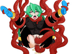 1girls ahe_gao anal ass belly_bulge breasts clothed_sex clothing cum cum_in_ass cum_in_pussy cum_inside double_penetration female green_hair long_hair mega_man mega_man_zx nipples open_mouth pandora_(mega_man) penetration pussy rape red_eyes red_tentacles restrained spread_legs tentacle torn_clothes vaginal_penetration