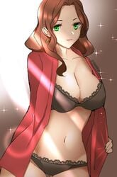 1340smile 1girls alternate_costume black_bra black_lingerie black_panties breasts brown_hair cleavage dorothea_arnault ear_ring earrings fire_emblem fire_emblem:_three_houses green_eyes large_breasts lingerie long_hair looking_at_viewer nintendo open_shirt panties red_shirt smile smiling_at_viewer thick_thighs underwear