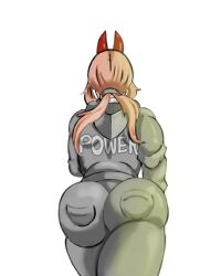 1girls ass ass_focus back back_view big_ass blonde_hair bottomwear chainsaw_man clothing demon demon_girl demon_horns dodynho1572 female female_only grey_pants hair hands_on_hips horns huge_ass jacket pants power_(chainsaw_man) solo solo_female source_request text_on_clothing thighs topwear twintails white_background