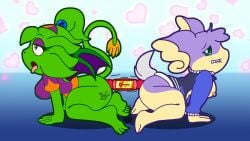 2018 accessory all_fours anal anal_sex anthro arrow_(spdy4) arrow_the_dragon arrow_xiang_long ass ass_to_ass audino bangs bedroom_eyes big_butt big_ears birthmark bite biting_lip blue_background bottomless claws clothed clothing colored_line_art couatl curled_tail dildo double_dildo dragon duo eastern_dragon erect_nipples eyeshadow feathered_scalie feathered_snake feathers female female/female flat_colors fluffy_ears fur generation_5_pokemon gradient_background green_body hair headband heart_bubble heart_symbol hi_res highlights_(coloring) hybrid jacket kneeling letterman_jacket long_tail looking_pleasured magenta_eyes makeup markings maurice_(wotter16) moan multicolored_body mythological_creature mythological_scalie mythology narrowed_eyes nintendo nipples object_in_ass orange_highlights partially_clothed penetration pokemon pokemon_(species) ponytail purple_body purple_clothing purple_eyeshadow purple_fur purple_shirt purple_topwear reptile scalie scut_tail seductive sex_toy sex_toy_in_ass sex_toy_insertion sharing_double_dildo sharing_sex_toy shirt short_tail side_view simple_background snake snout spdy4 spread_wings tail tan_body tan_fur teal_eyes thick_thighs toe_claws tongue tongue_out topwear two_tone_body vibrator vibrator_in_ass wings