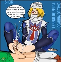 balls bangs_over_eyes bangs_over_one_eye barefoot blonde_female cum cum_on_feet cum_on_toes cumshot dialogue feet foot_fetish footjob hair_over_one_eye hylian link lying_on_back masked masked_female nail_polish nervous painted_nails painted_toenails pants_down pants_pulled_down partial_male partially_clothed penis princess_zelda red_eyes sheik shy the_legend_of_zelda the_legend_of_zelda:_ocarina_of_time toenail_polish toes unseen_male_face zeus99234