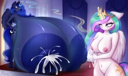 2girls alicorn anthro areola areolae ariburin big_areola big_breasts big_nipples breast_expansion breast_milk_squirt breast_size_difference breasts breasts_bigger_than_body breasts_bigger_than_head breasts_bigger_than_torso duo duo_female female growth horn huge_breasts hyper hyper_breasts indoors lactating lactation magic mare milk milk_squirt my_little_pony nipples nudity princess_celestia_(mlp) princess_luna_(mlp) size_difference wings