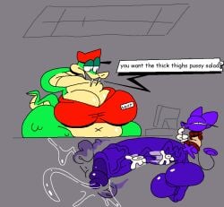 4_fingers alien anthro armless ass balls big_balls big_breasts big_butt big_penis black_eyes bob_(superiorfox) bodily_fluids bottomless bottomless_anthro bottomless_female breasts clothed clothing colored digital_drawing_(artwork) digital_media_(artwork) domestic_cat dripping duo english_text erection fangs felid feline felis female fingers flat_colors floating_hands flying fur genital_fluids genital_raphe genitals glans green_body green_skin grey_background hat headgear headwear huge_balls huge_breasts huge_cock humanoid_genitalia humanoid_penis hyper hyper_balls hyper_genitalia hyper_penis leaking_precum lucy_swallows male male/female mammal masturbation motion_blur motion_lines narrowed_eyes navel nude open_mouth penile penile_masturbation penis precum precum_drip precum_string purple_balls purple_body purple_glans purple_penis purple_skin raphe_(anatomy) reptile scalie scrotal_raphe scrotum_flap simple_background small_but_hung smile snake speech_bubble superiorfox tail teeth text thick_thighs thinking topwear x_navel