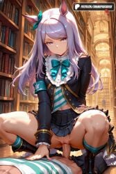 1boy 1girls 2025 ai_assisted ai_generated animal_ears anime animeprds25 aqua_bow armband artist_name boots bow clothed_sex cowgirl_position hi_res high_quality high_resolution highres horse_ears horse_girl library long_hair looking_at_viewer mejiro_mcqueen_(umamusume) no_panties patreon patreon_username penis purple_eyes purple_hair pussy sex skirt solo_focus squatting_cowgirl_position stable_diffusion straddling straight striped_shirt umamusume uncensored vaginal_penetration watermark