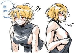 1girls ? ?? accidental_exposure areola areola_slip areolae blonde-haired_female blonde_female blonde_hair blonde_hair_female breasts breasts_out don_quixote_(limbus_company) female female_focus female_only liliesbloom4me limbus_company project_moon red_eyes sancho_(limbus_company) short_hair side_boob side_view sideboob solo solo_female solo_focus sweat sweatdrop tagme tease teasing teasing_viewer virgin_killer_sweater ~
